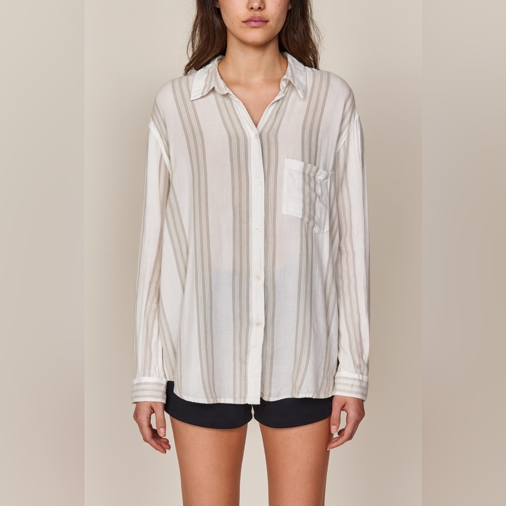 Aritzia Community Striped Button Up Relaxed Fit Linen Blend Shirt